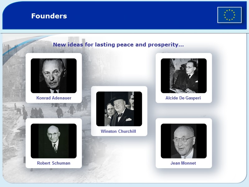 Founders New ideas for lasting peace and prosperity… Konrad Adenauer Robert Schuman Winston Churchill
